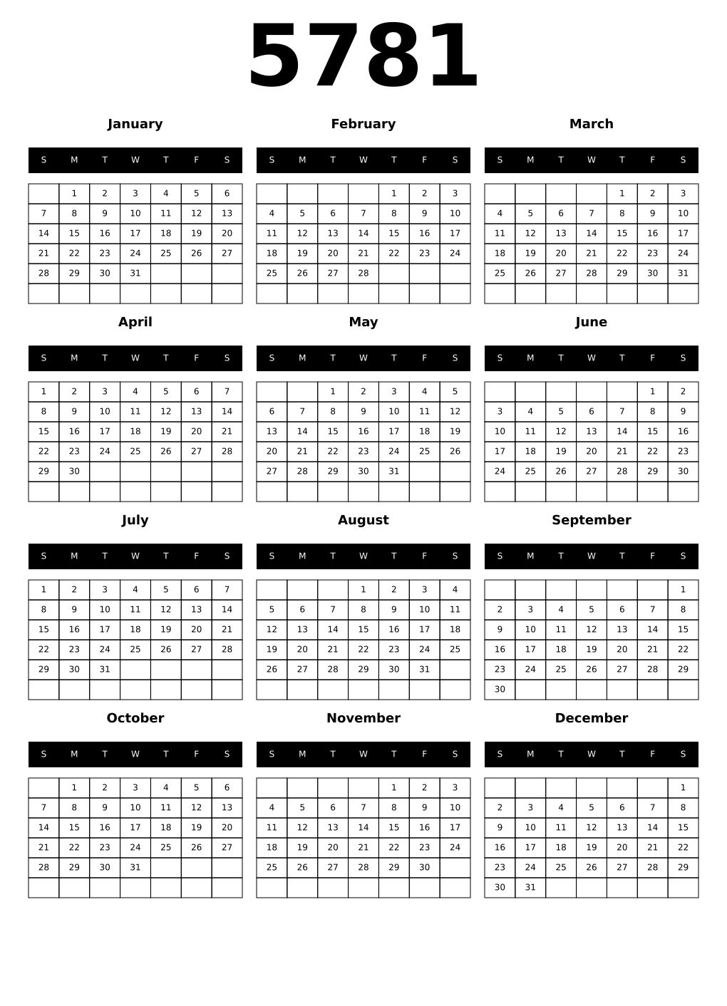 Printable 5781 Calendars