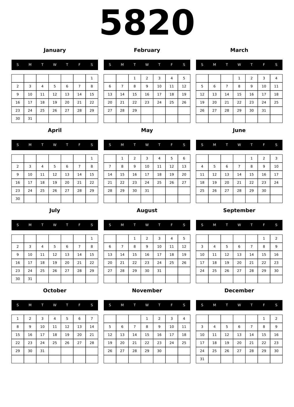 Printable 5820 Calendars