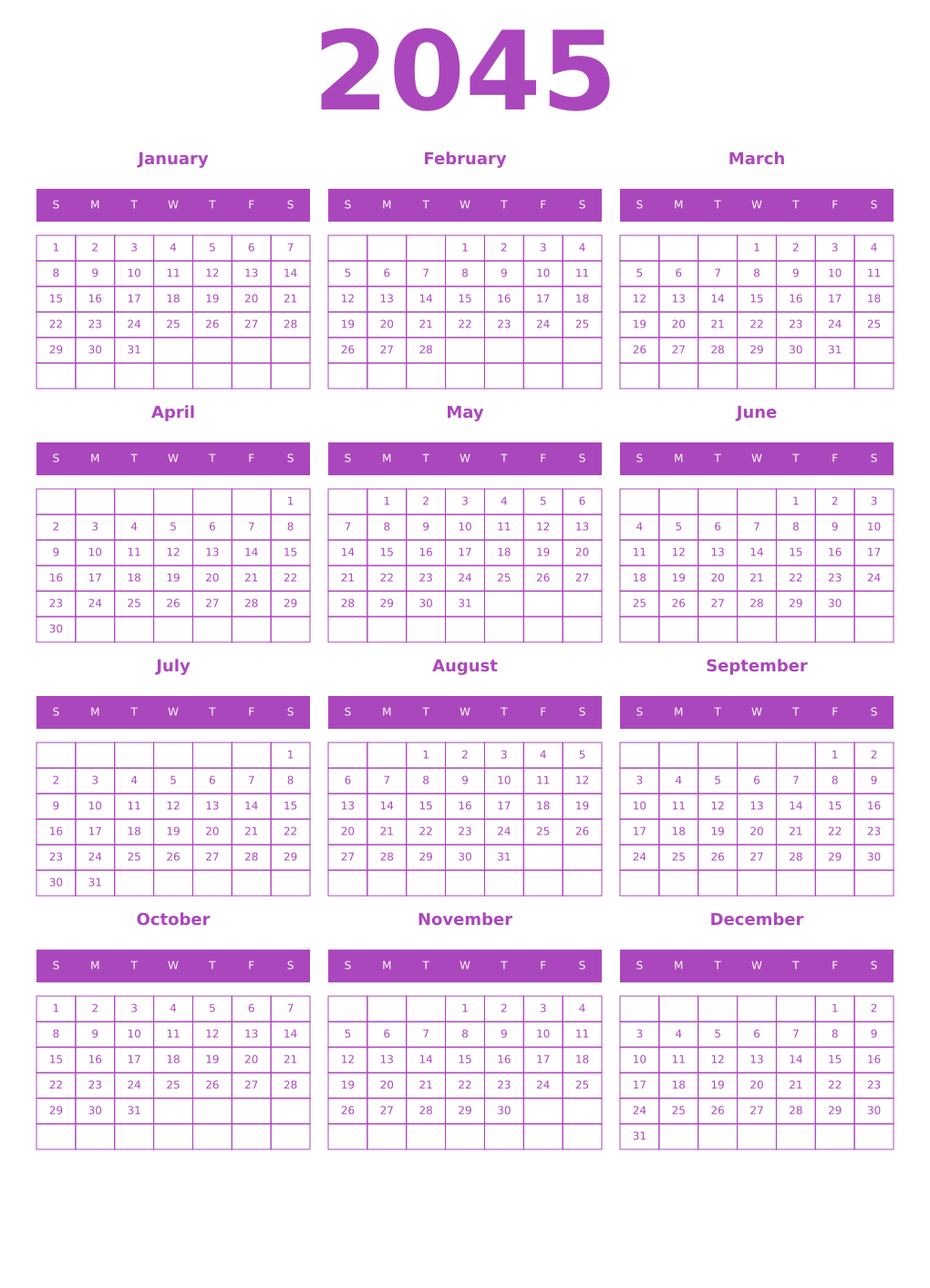 Printable 2045 Calendars