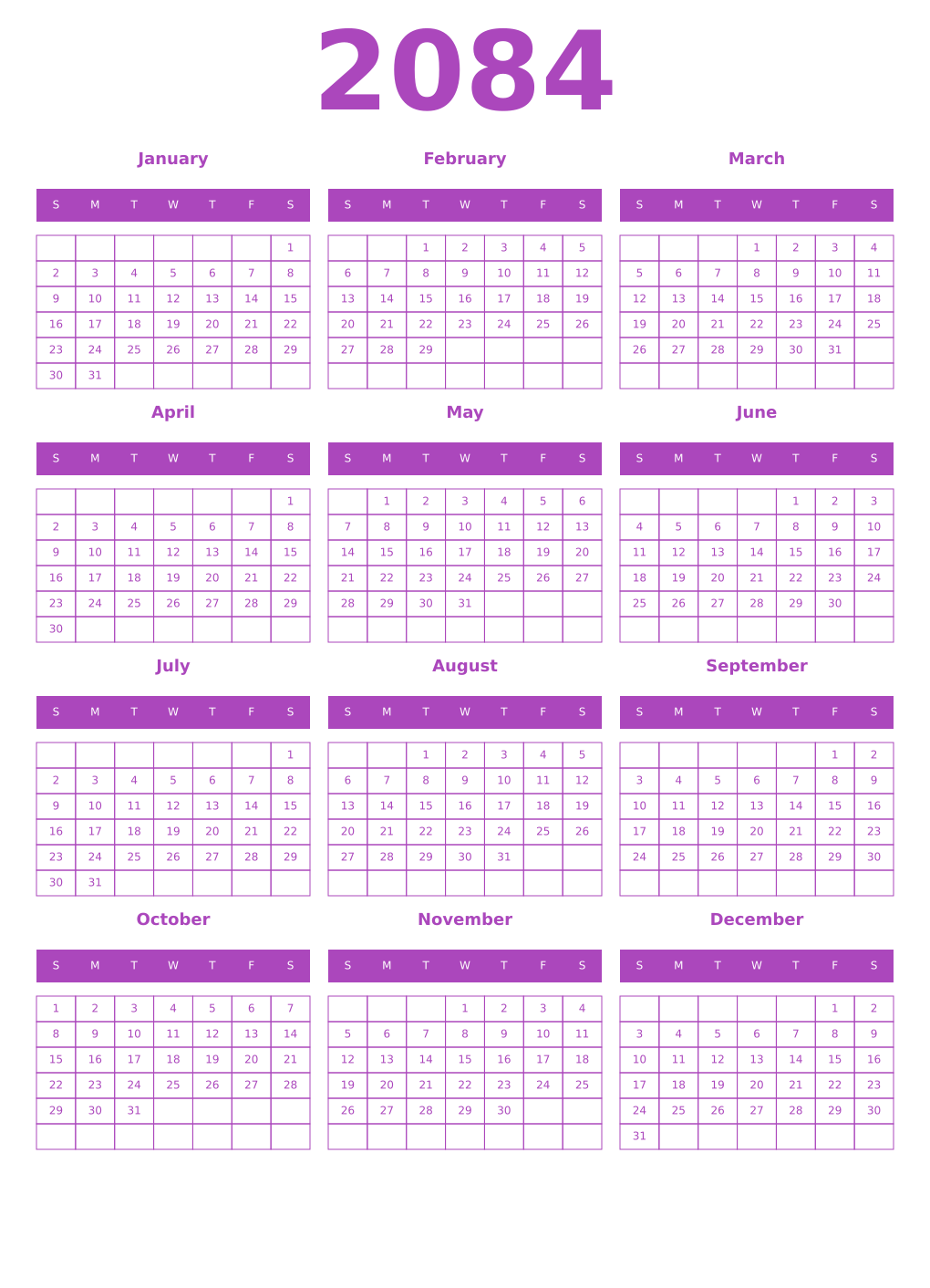 Printable 2084 Calendars