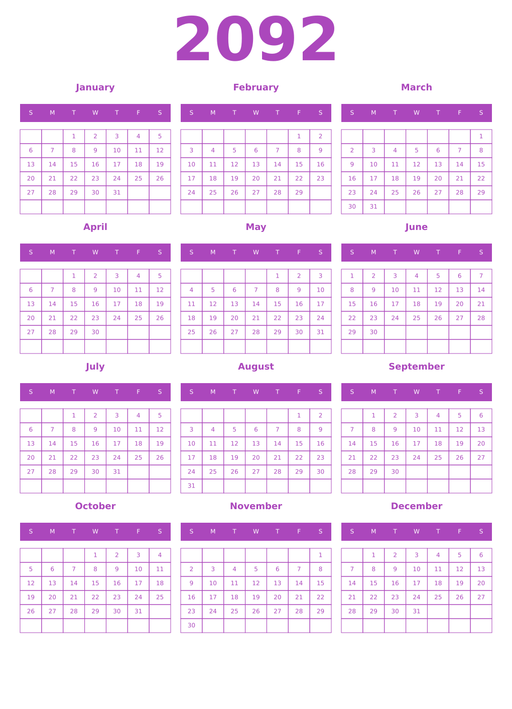 Printable 2092 Calendars