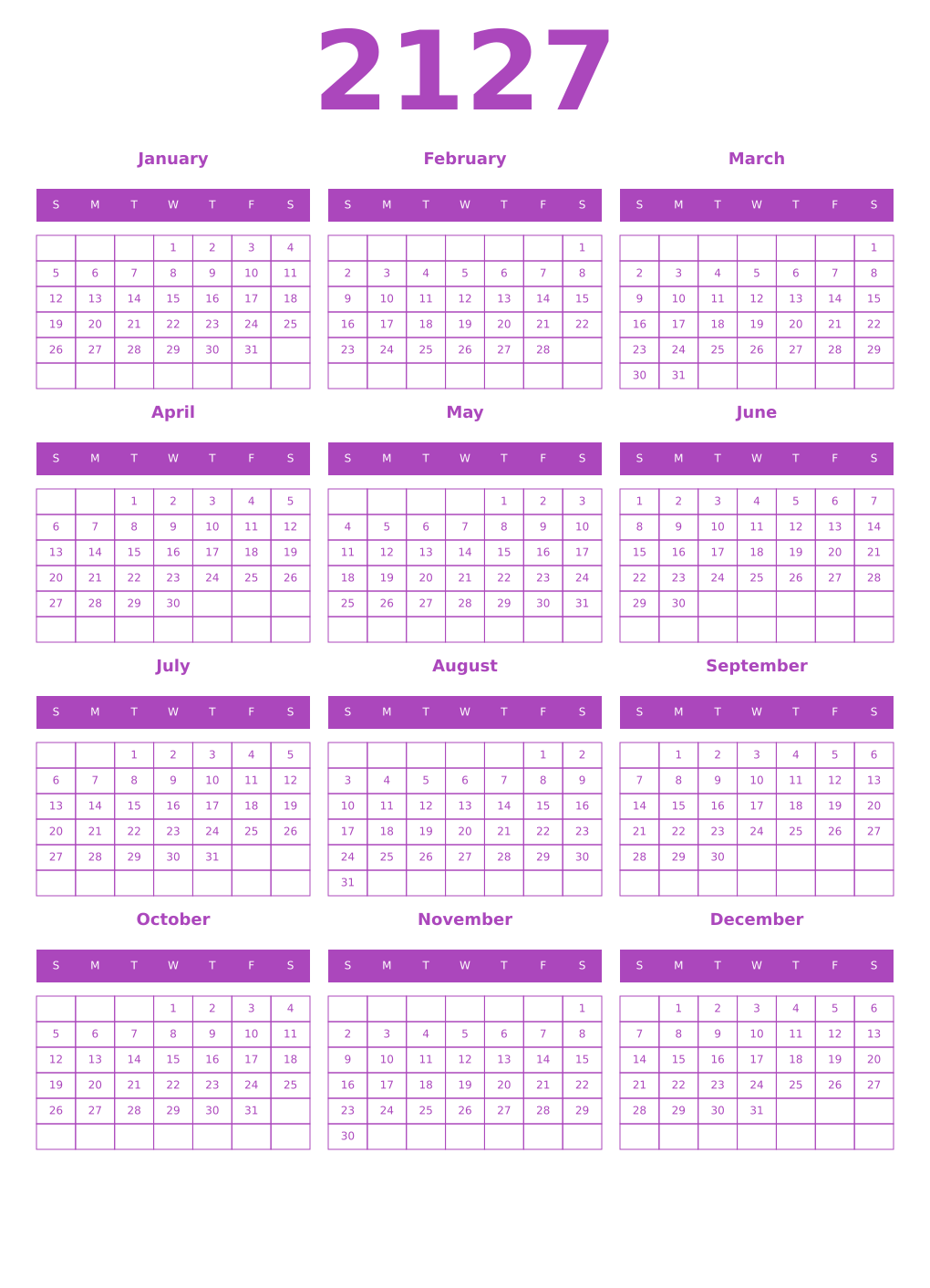 Printable 2127 Calendars