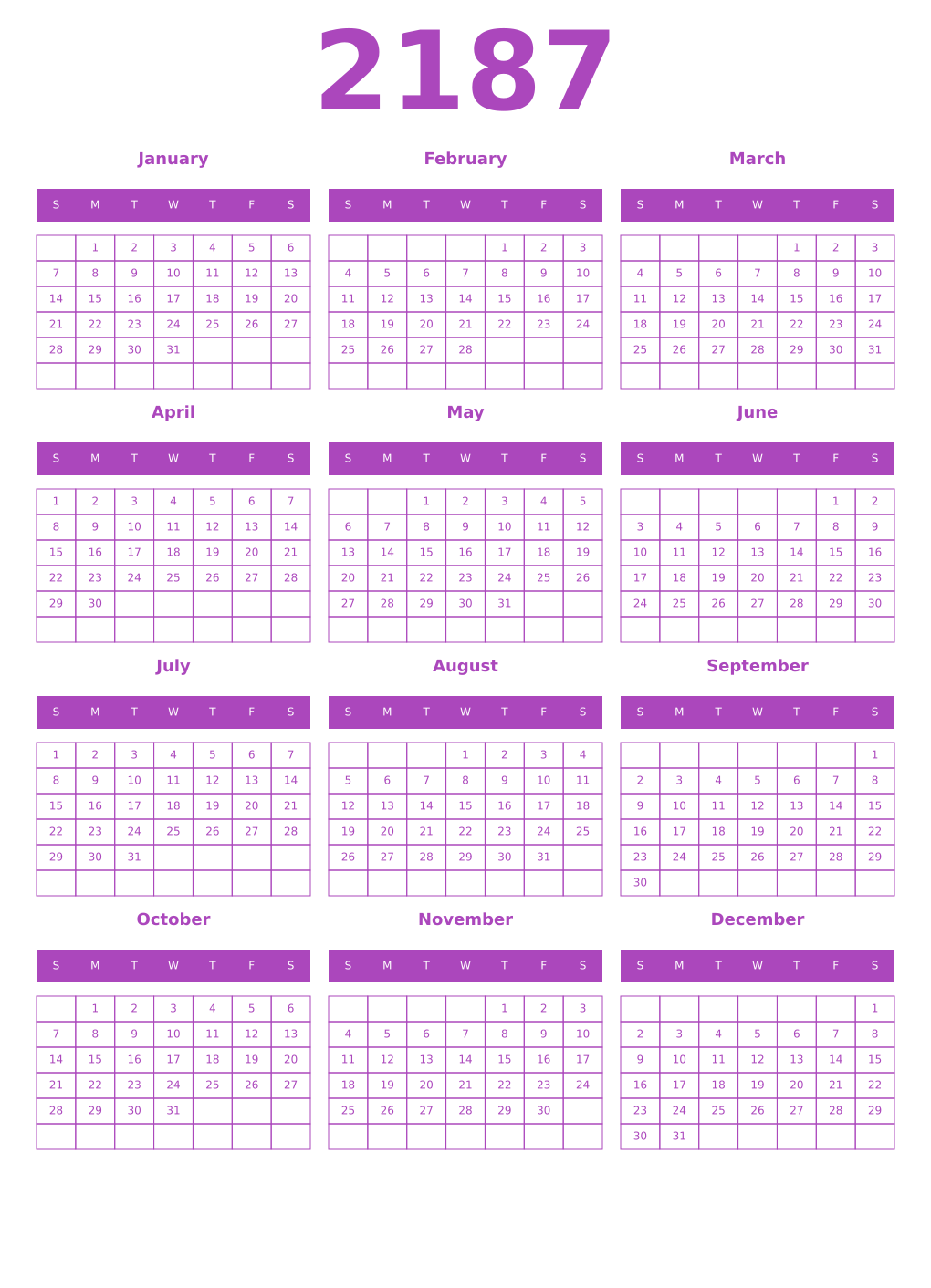 Printable 2187 Calendars