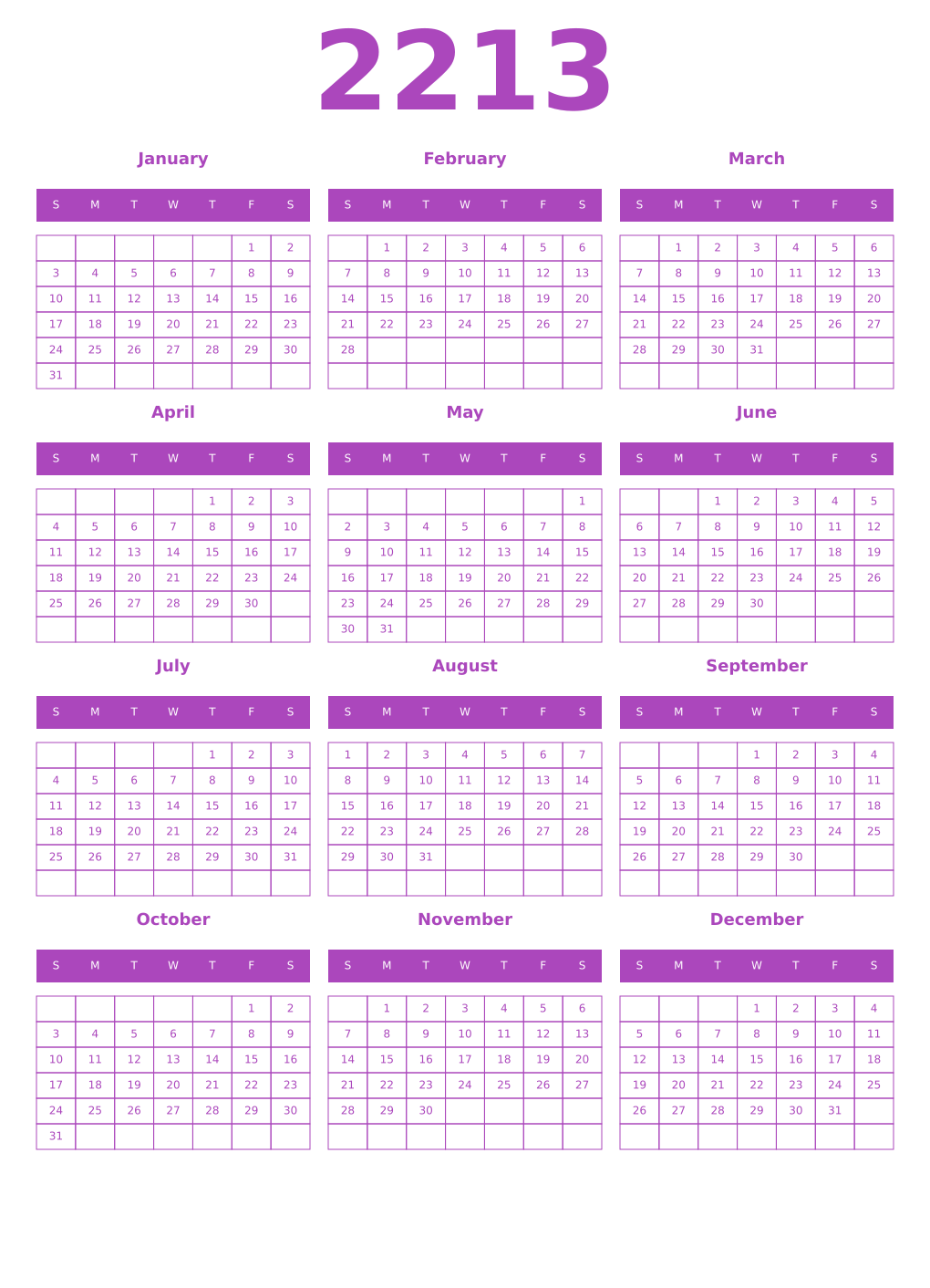 Printable 2213 Calendars