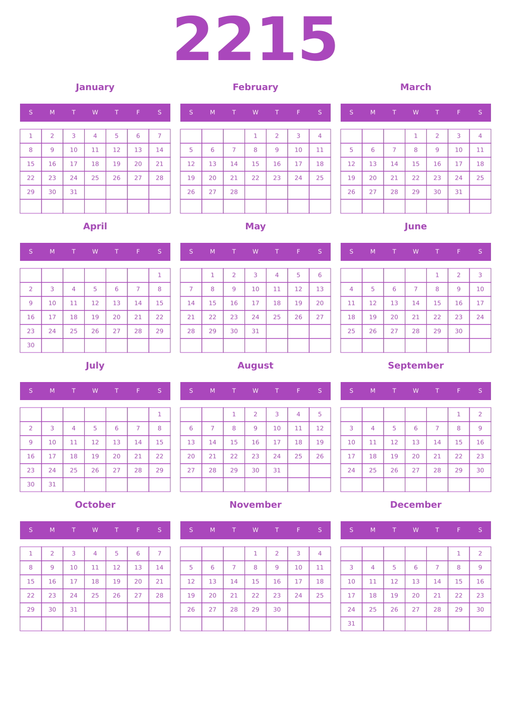 Printable 2215 Calendars