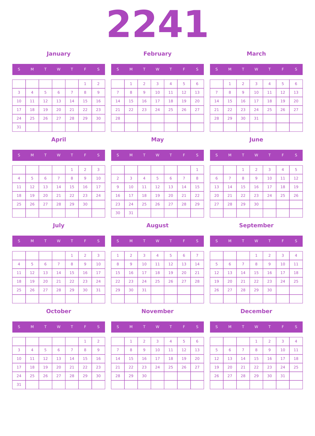 Printable 2241 Calendars
