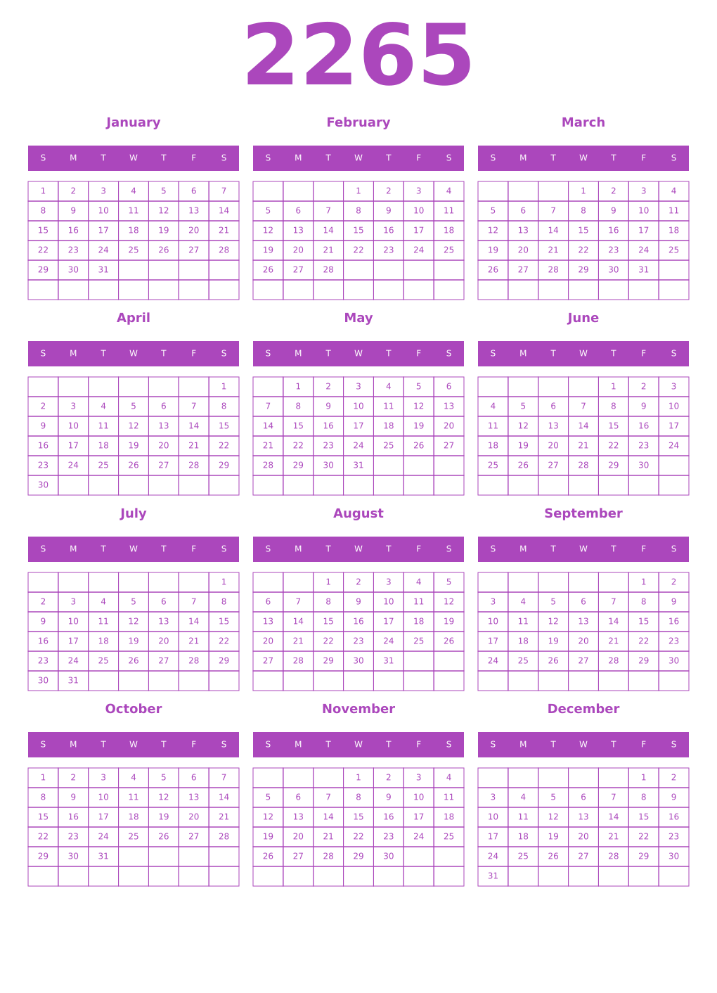 Printable 2265 Calendars