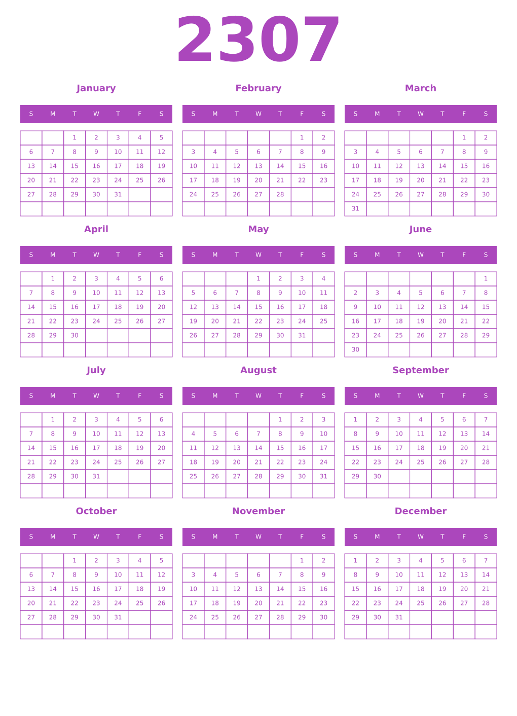 Printable 2307 Calendars