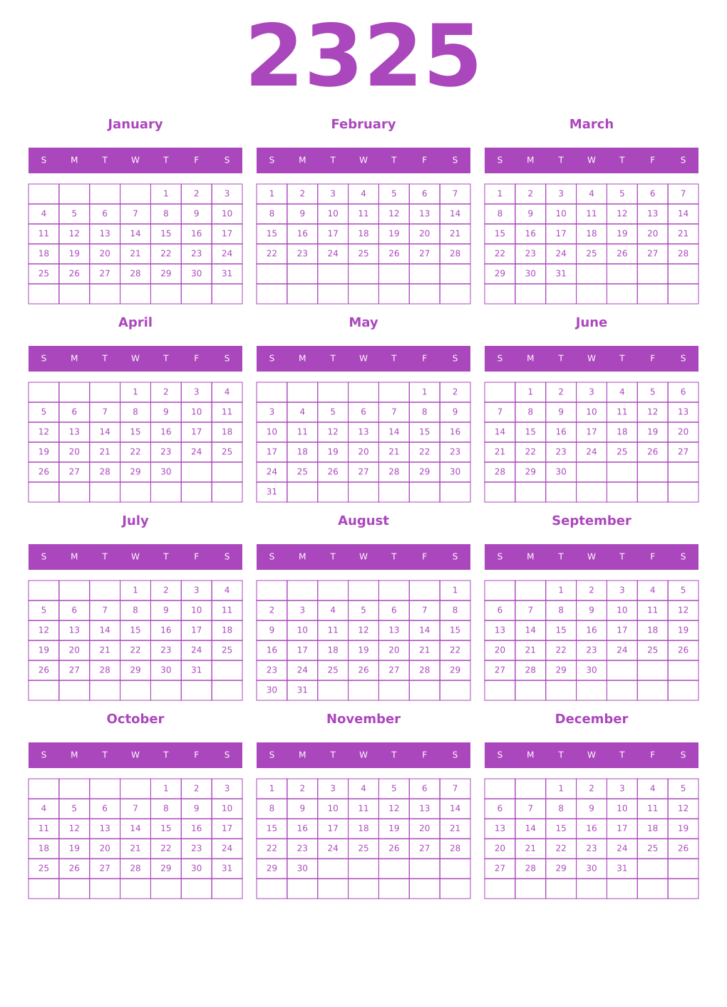 Printable 2325 Calendars