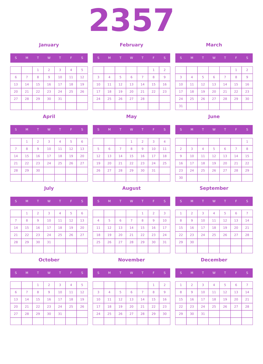 Printable 2357 Calendars
