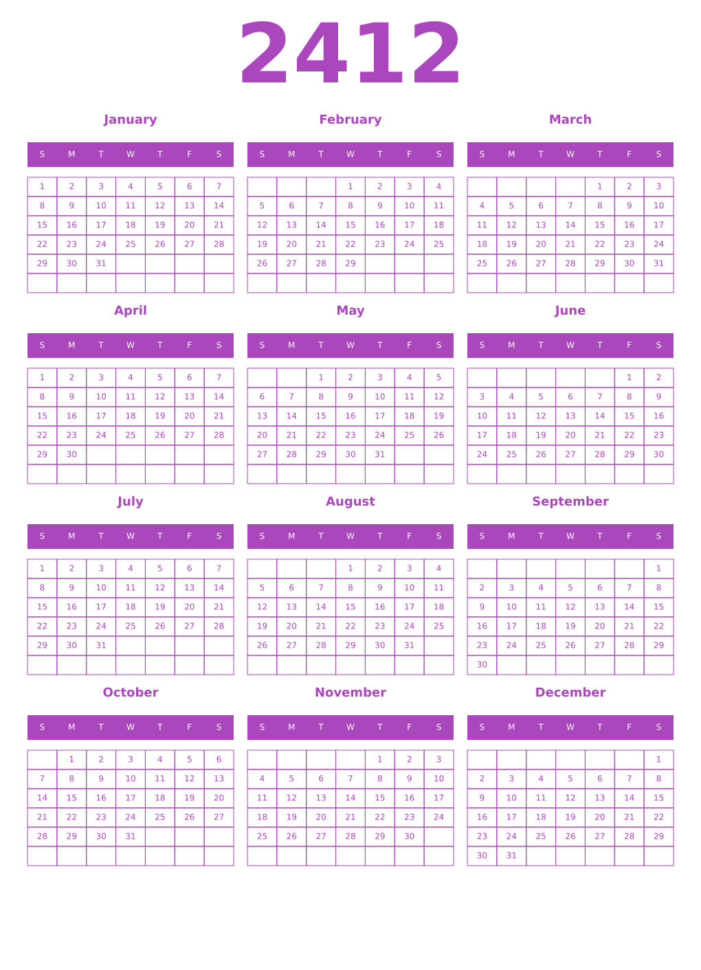 Printable 2412 Calendars