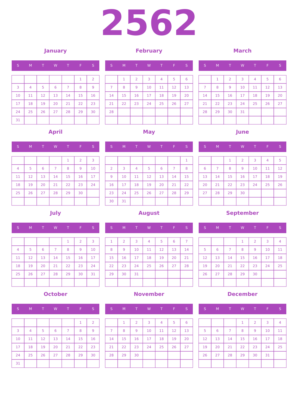 Printable 2562 Calendars