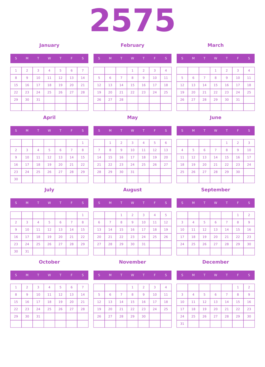 Printable 2575 Calendars