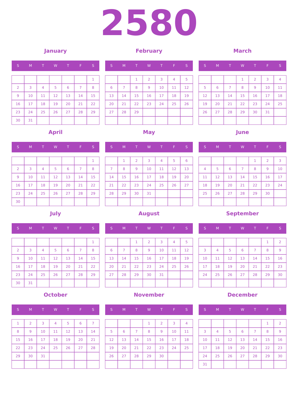 Printable 2580 Calendars