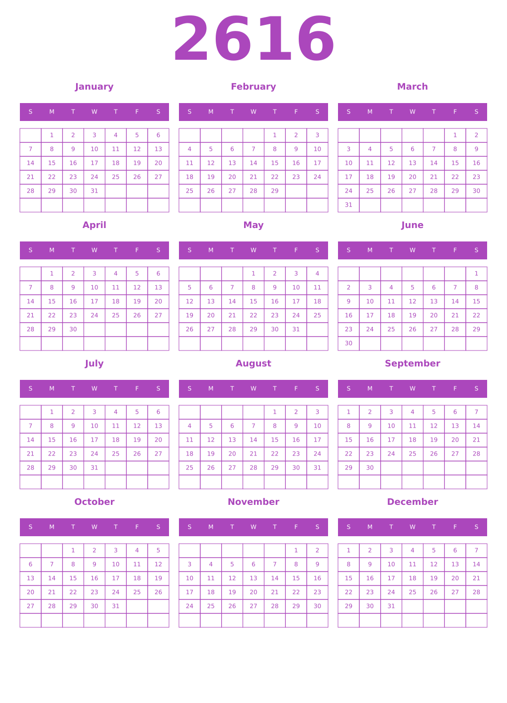 Printable 2616 Calendars
