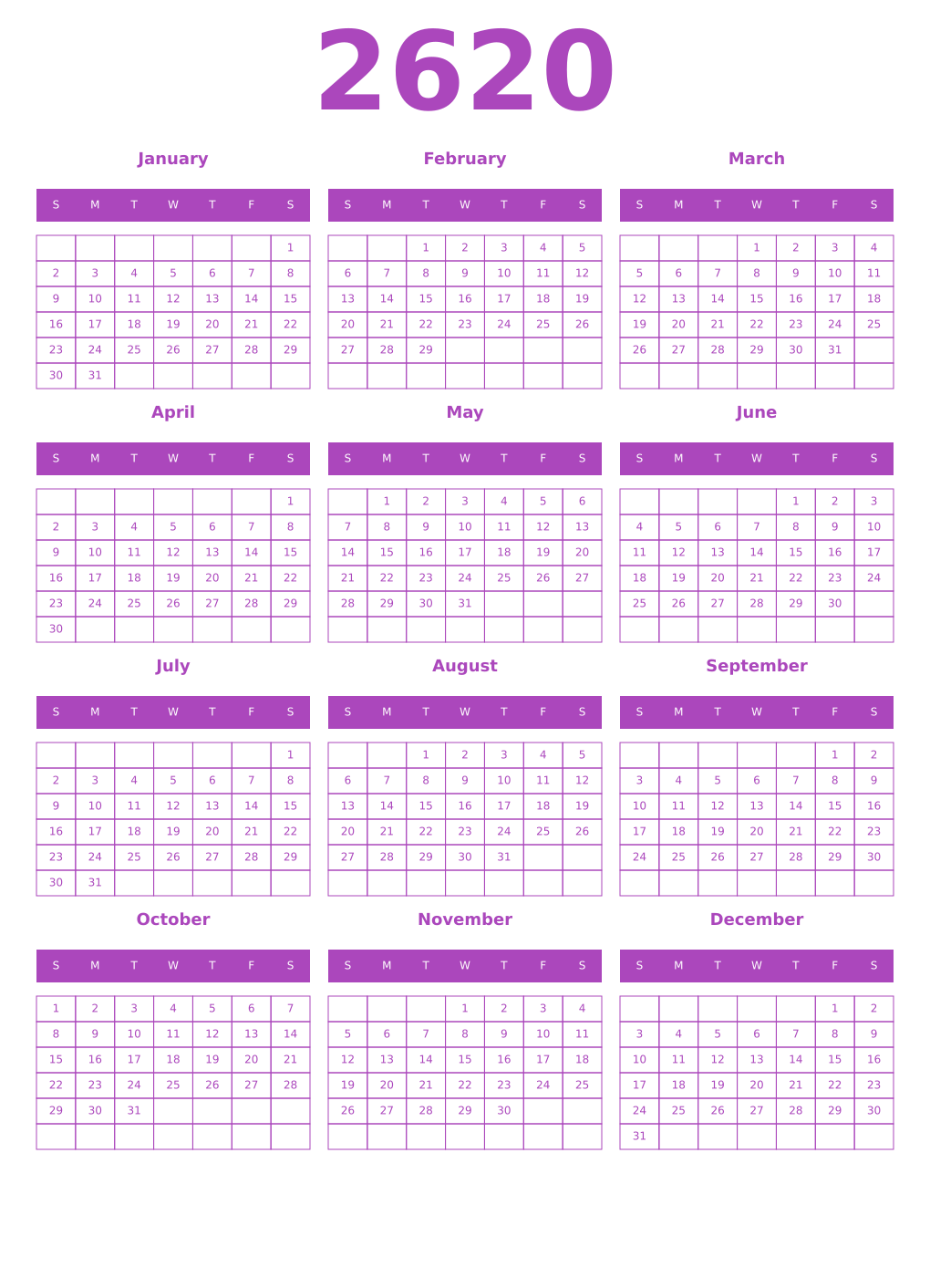 Printable 2620 Calendars