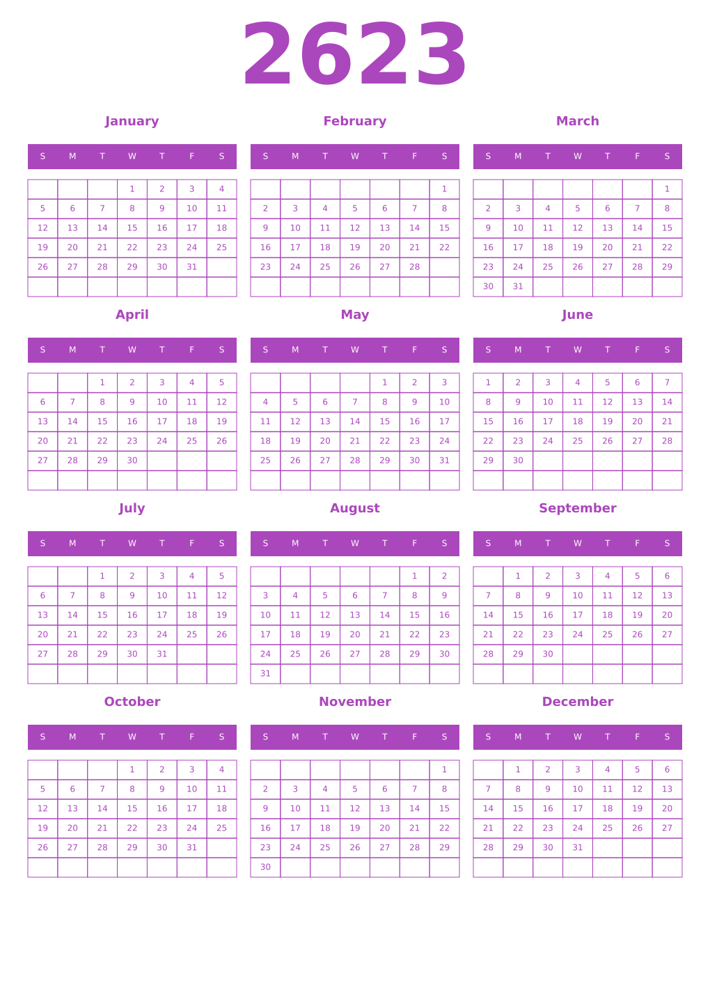 Printable 2623 Calendars