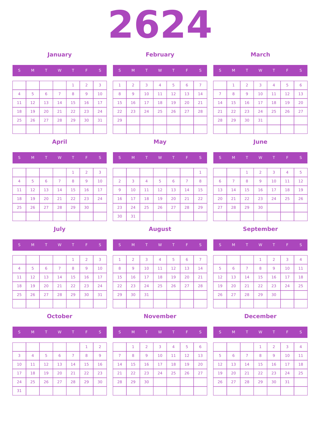 Printable 2624 Calendars