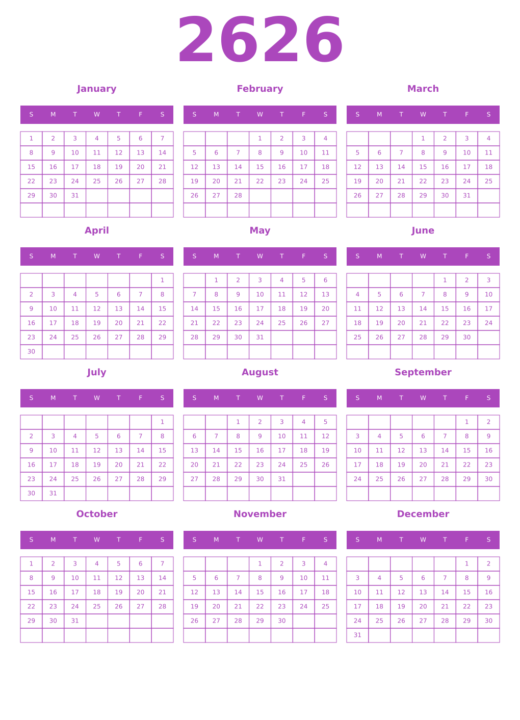 Printable 2626 Calendars