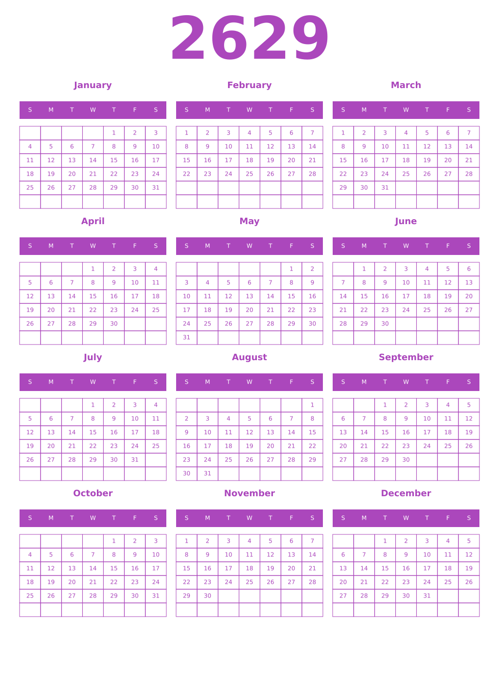 Printable 2629 Calendars