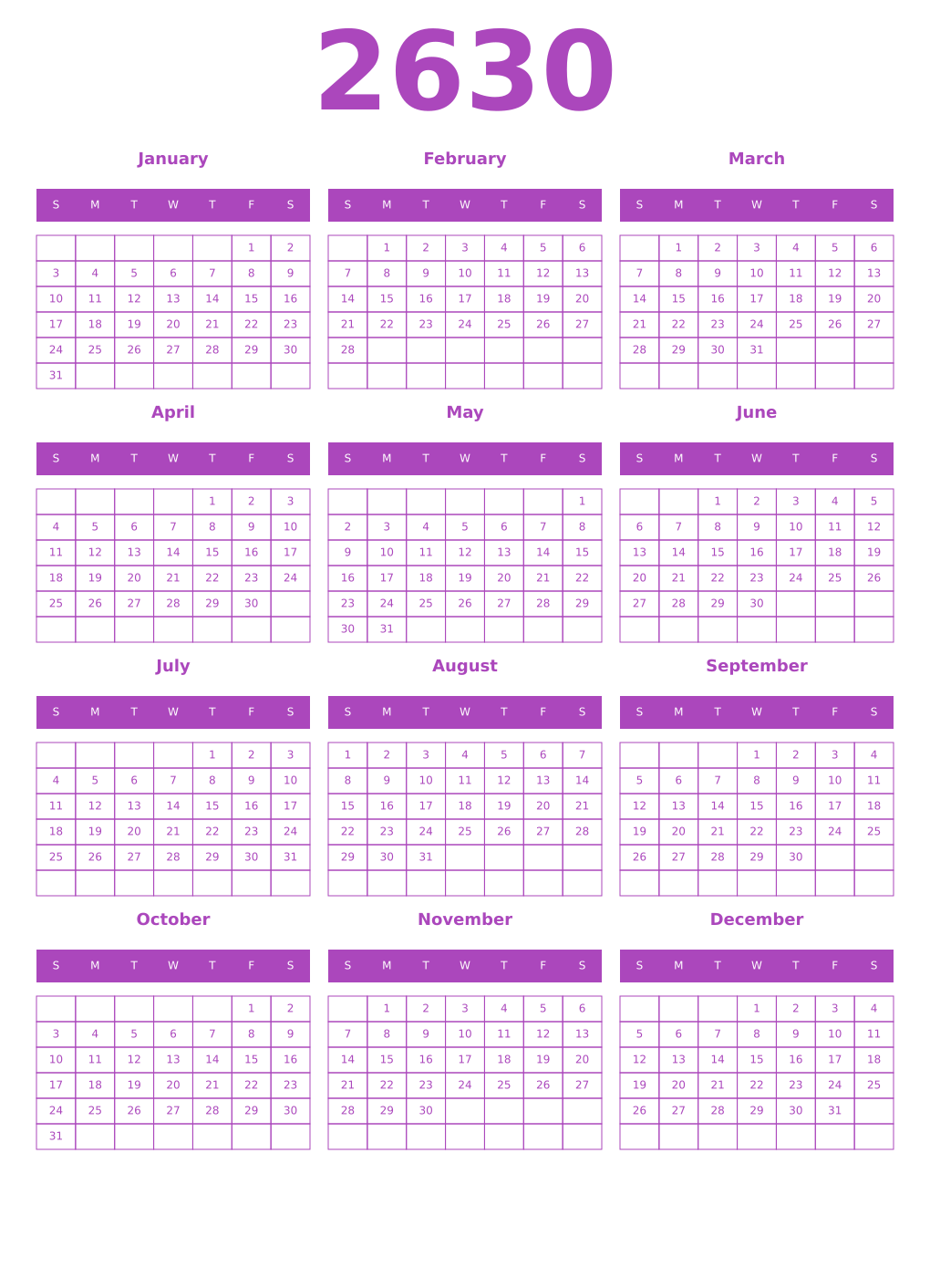 Printable 2630 Calendars