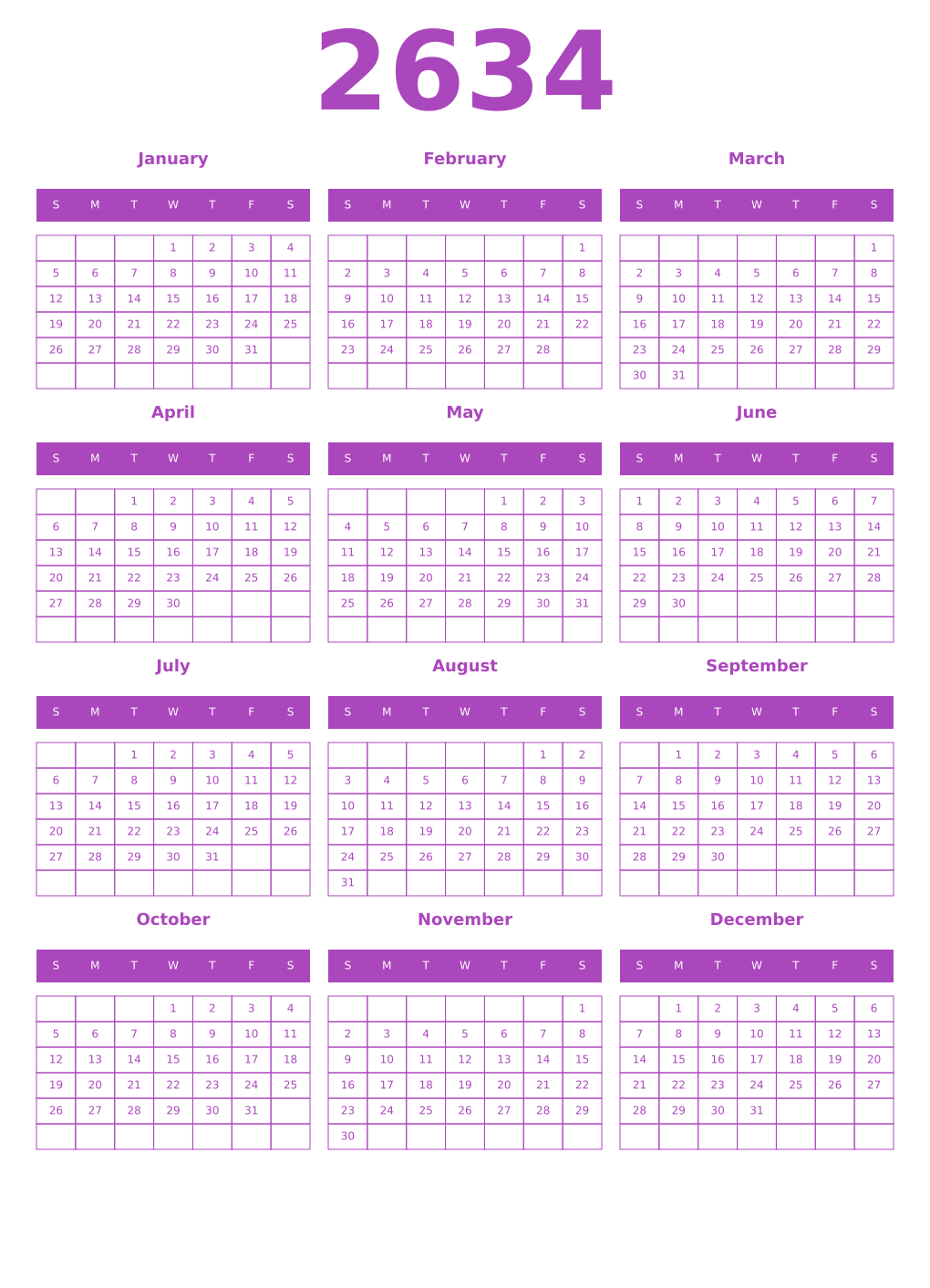 Printable 2634 Calendars