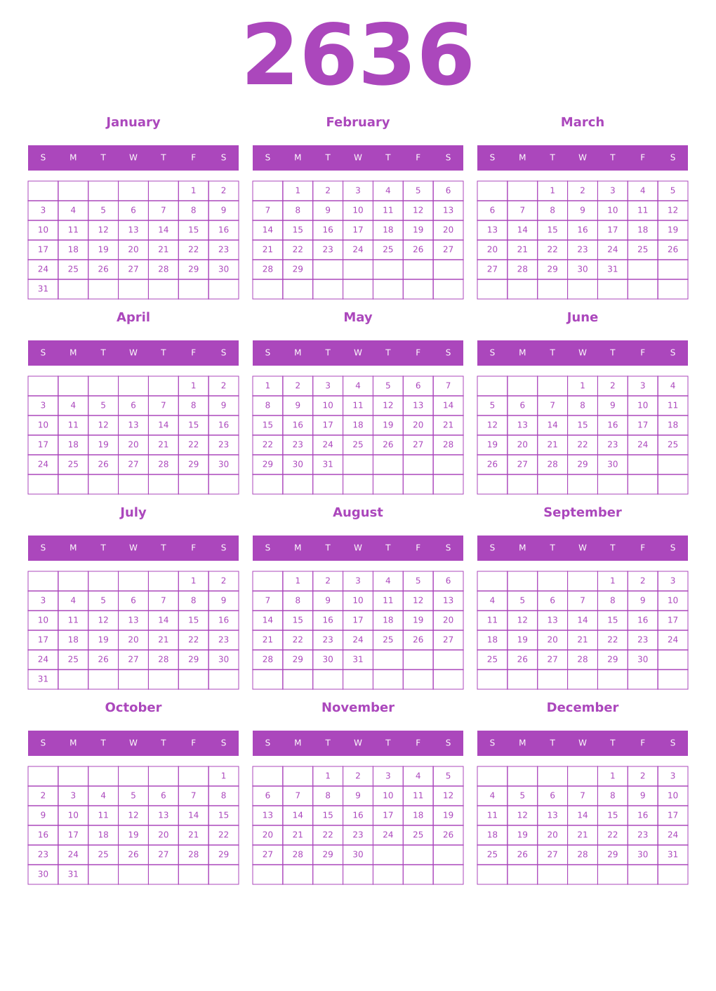 Printable 2636 Calendars