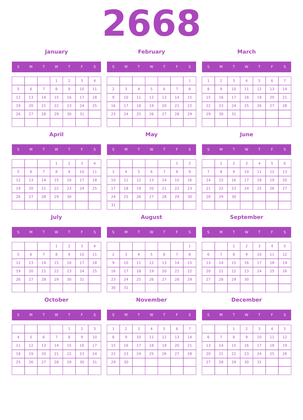Printable 2668 Calendars