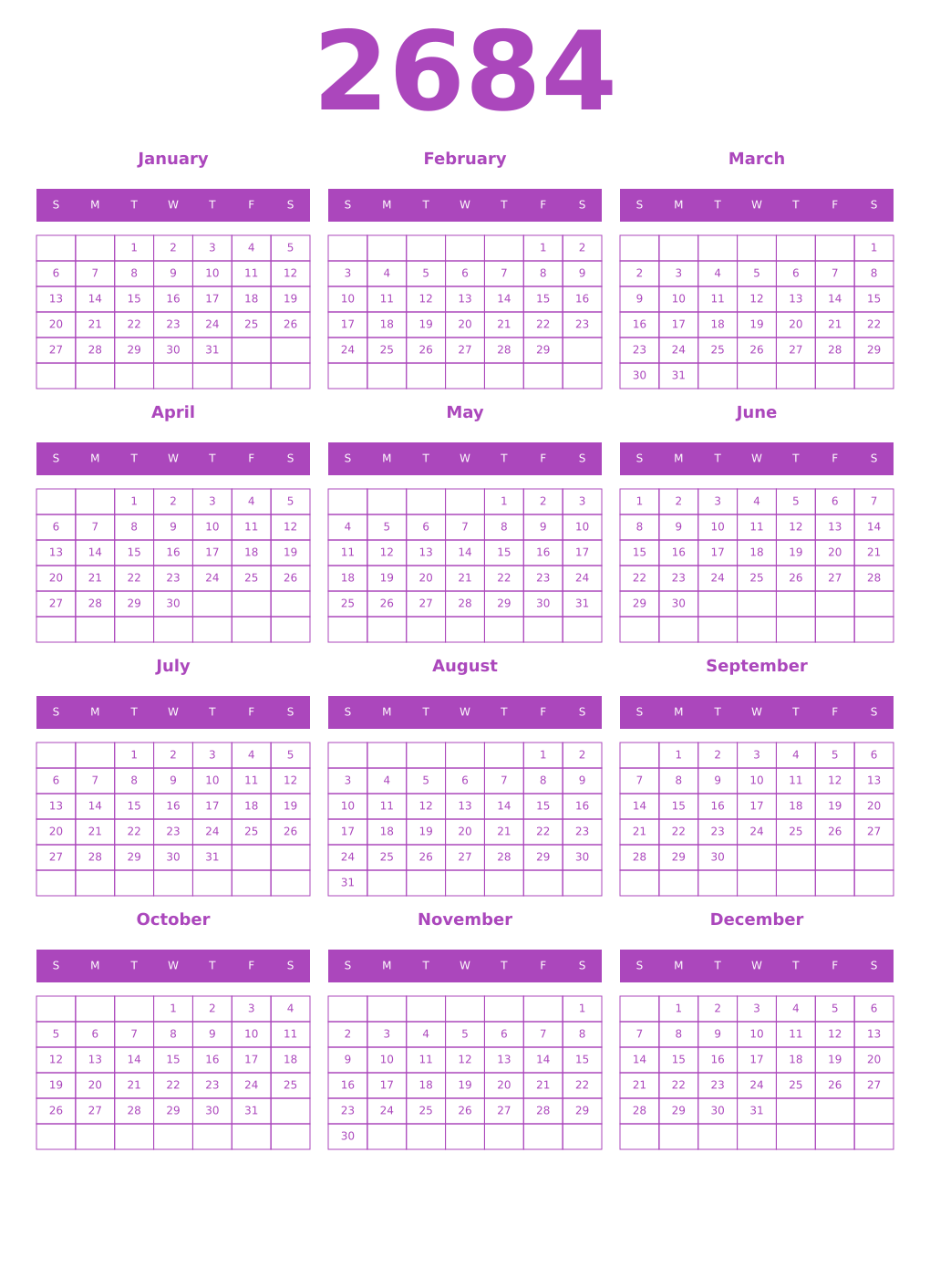Printable 2684 Calendars