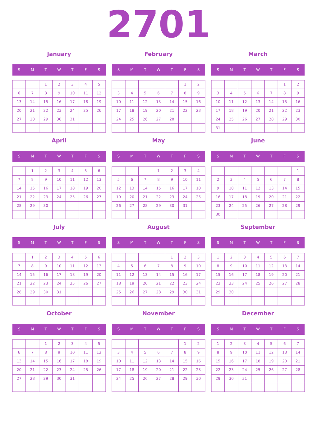 Printable 2701 Calendars
