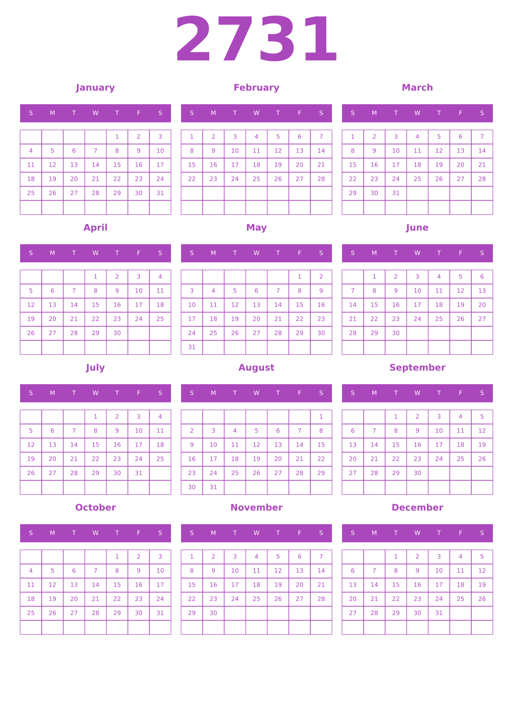 Printable 2731 Calendars