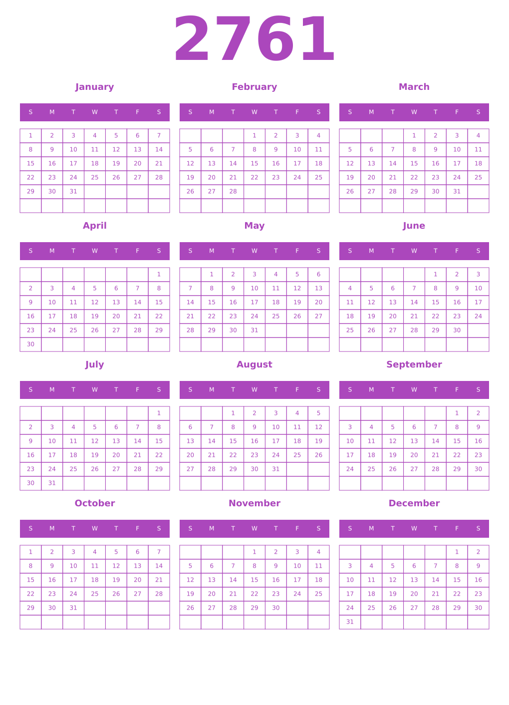 Printable 2761 Calendars