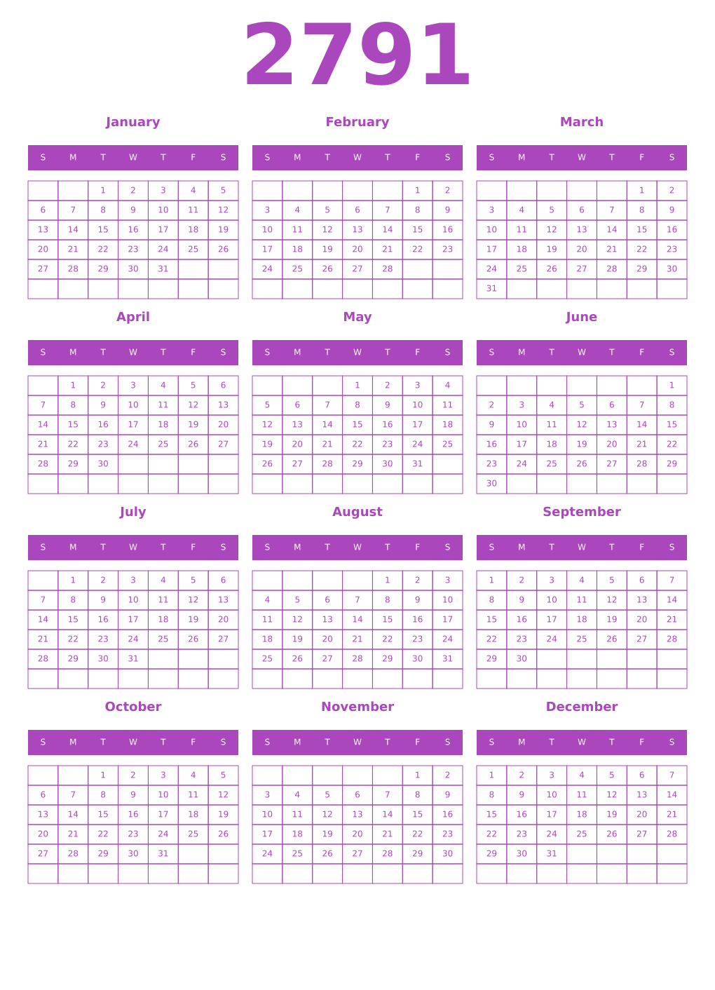 Printable 2791 Calendars