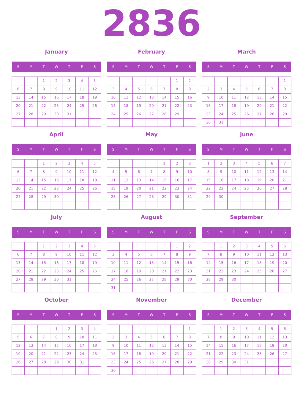 Printable 2836 Calendars