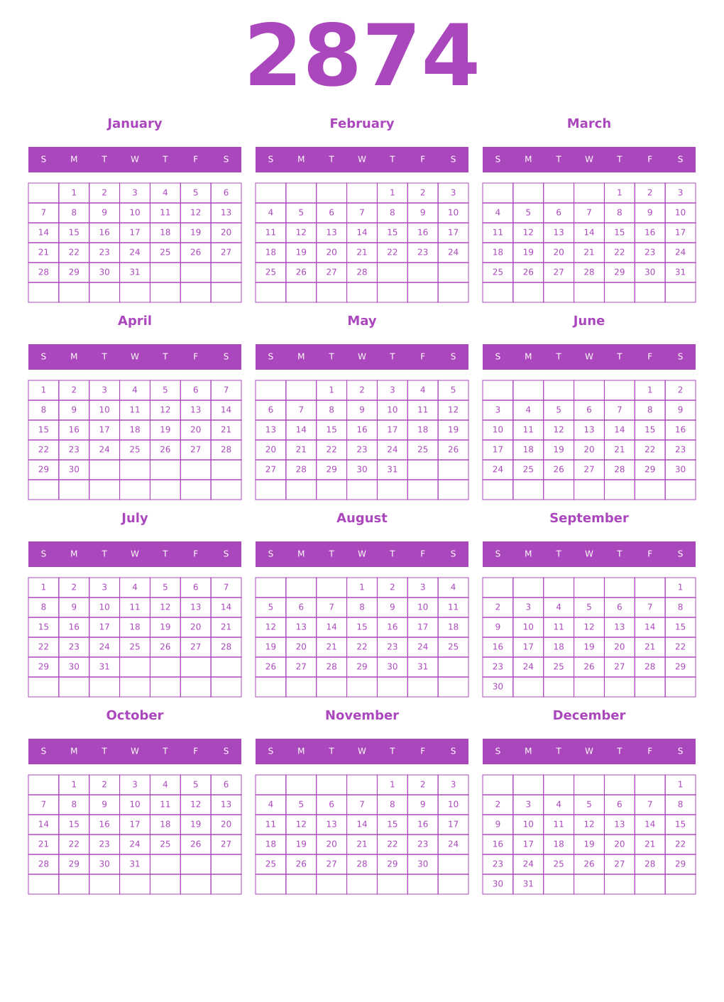 Printable 2874 Calendars