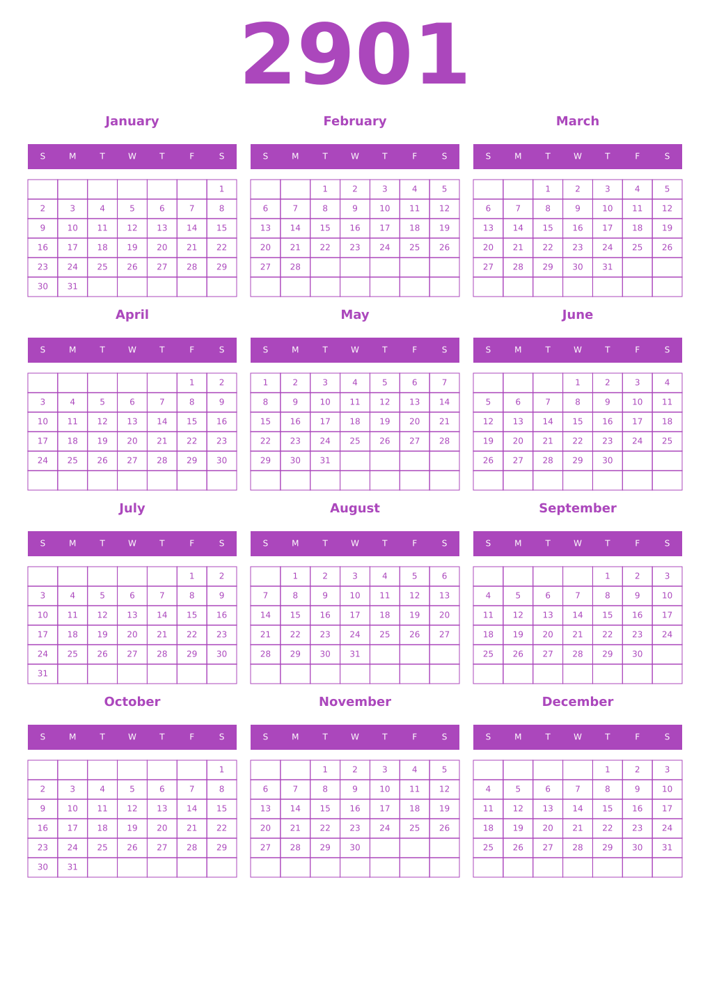 Printable 2901 Calendars