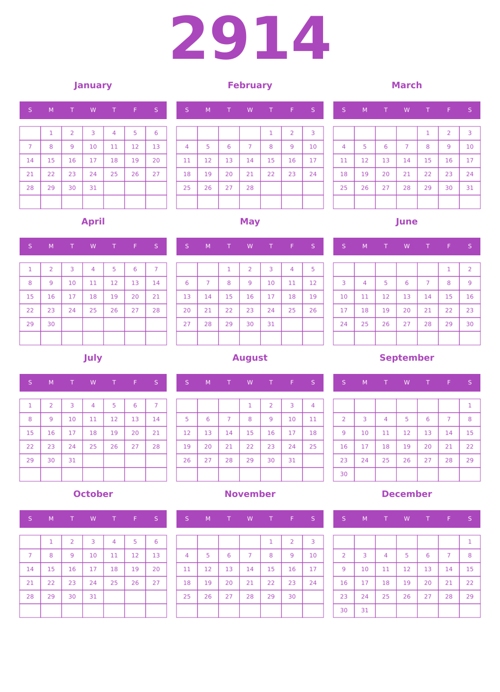 Printable 2914 Calendars