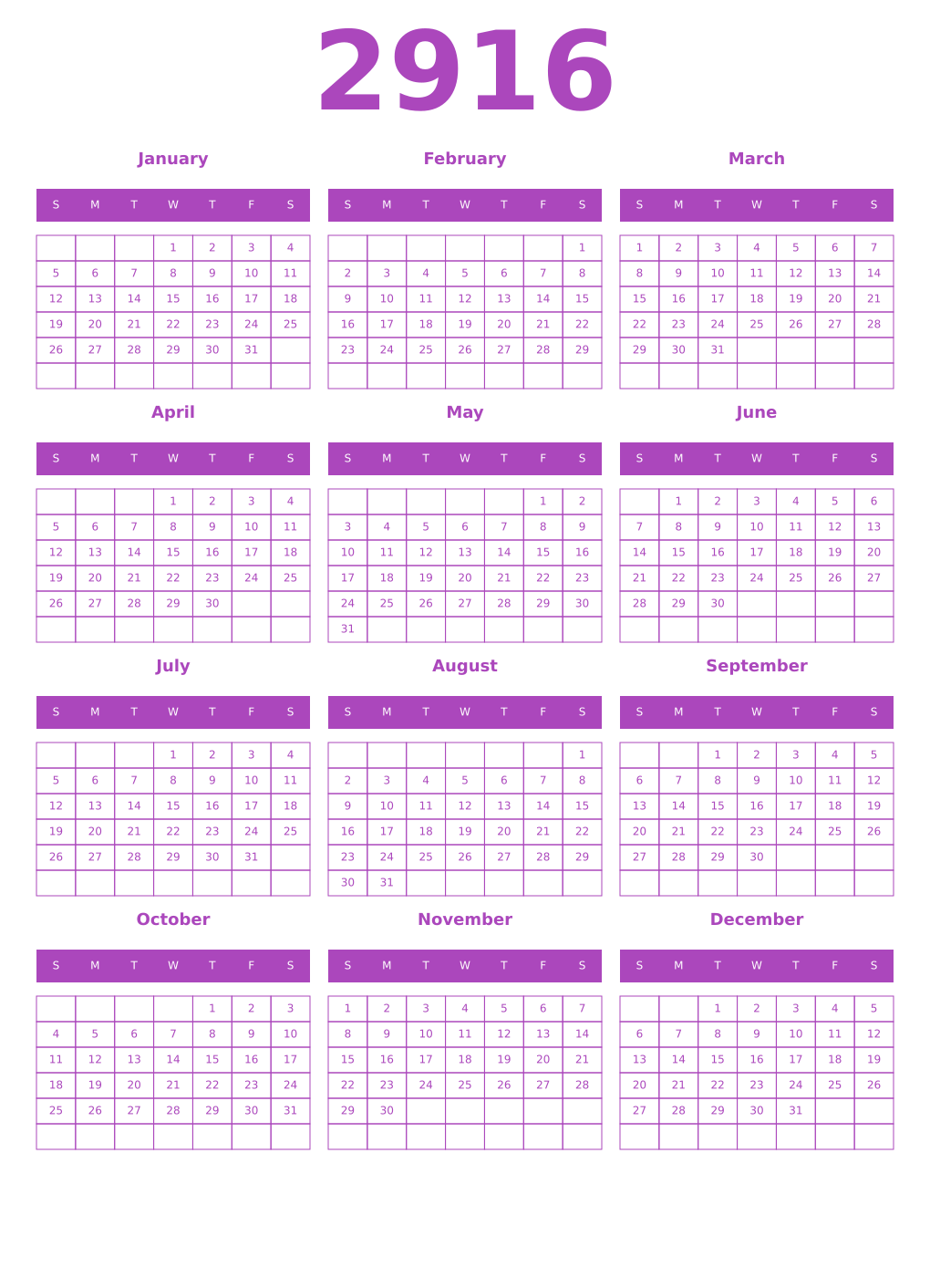 Printable 2916 Calendars
