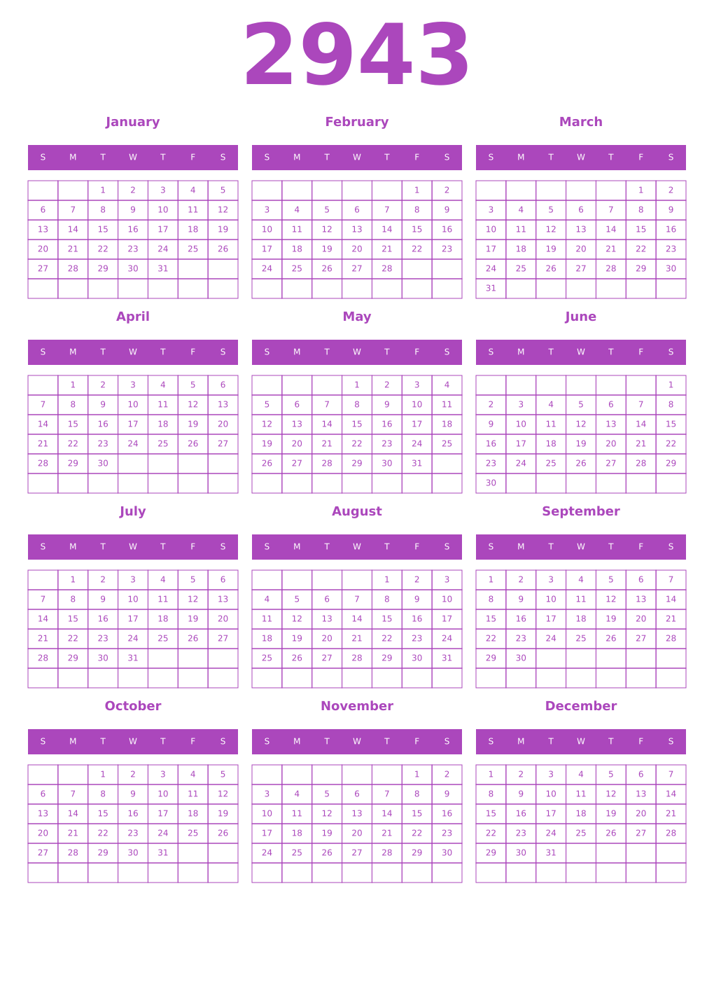 Printable 2943 Calendars
