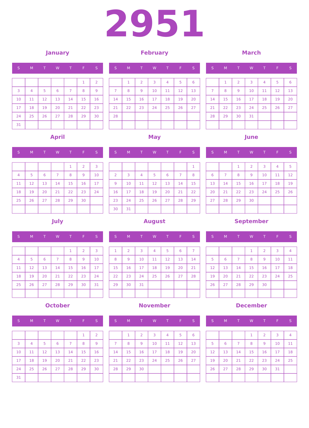 Printable 2951 Calendars