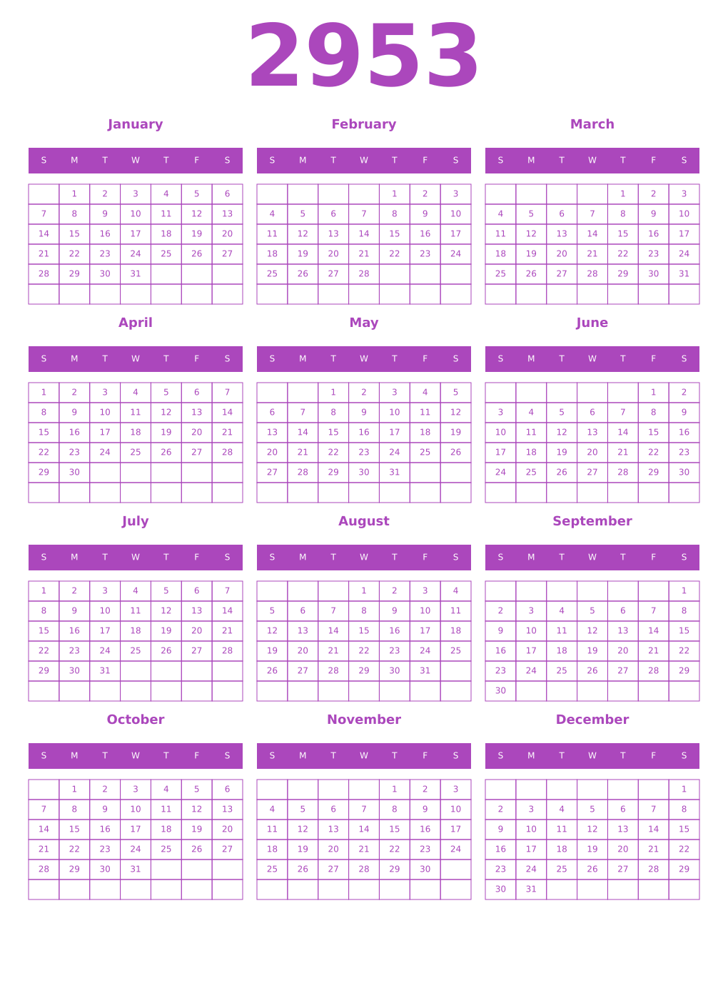 Printable 2953 Calendars