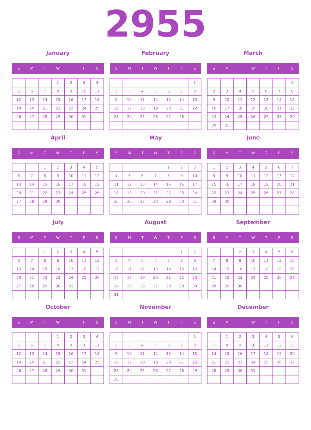 Printable 2955 Calendars