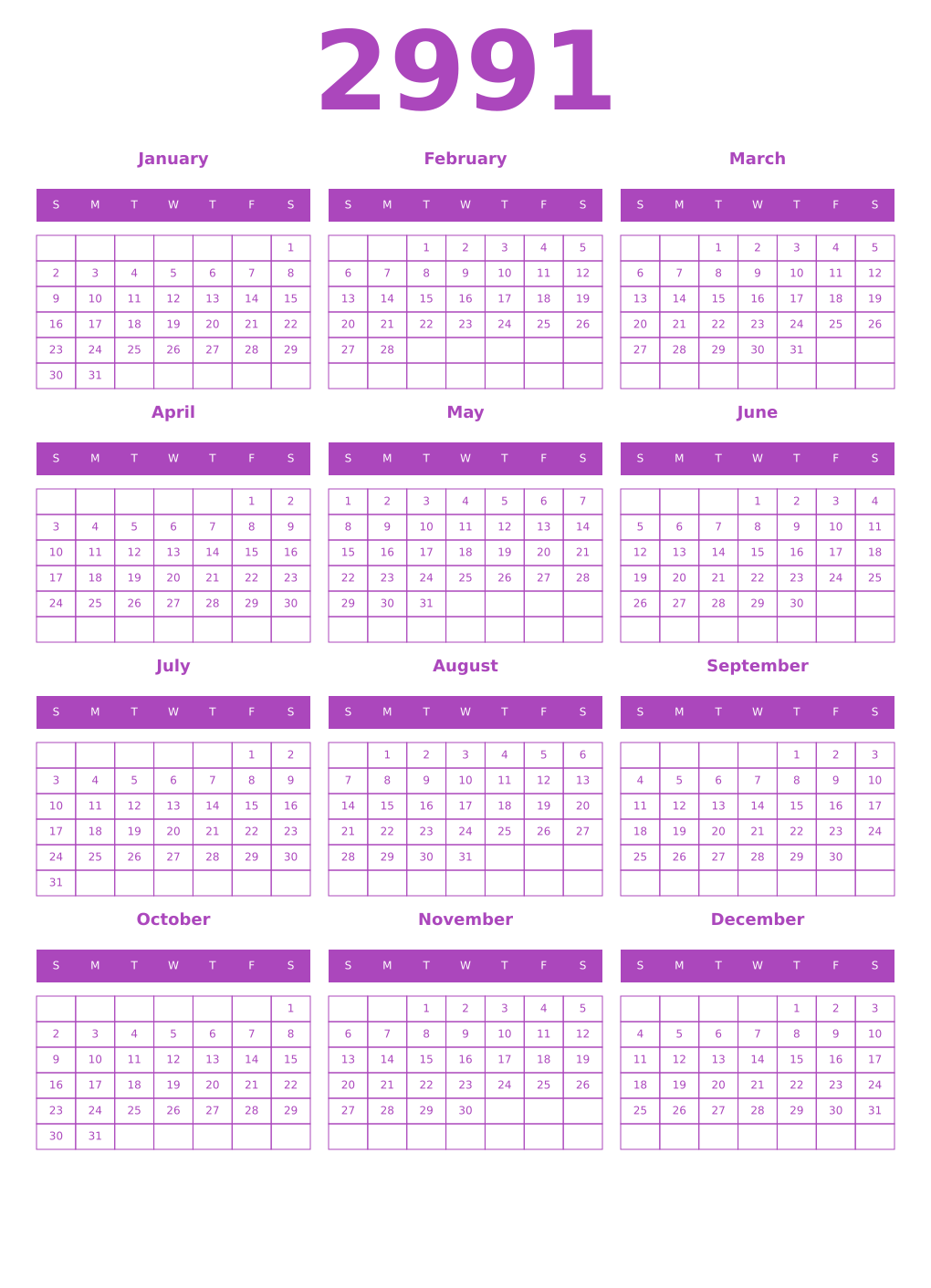 Printable 2991 Calendars
