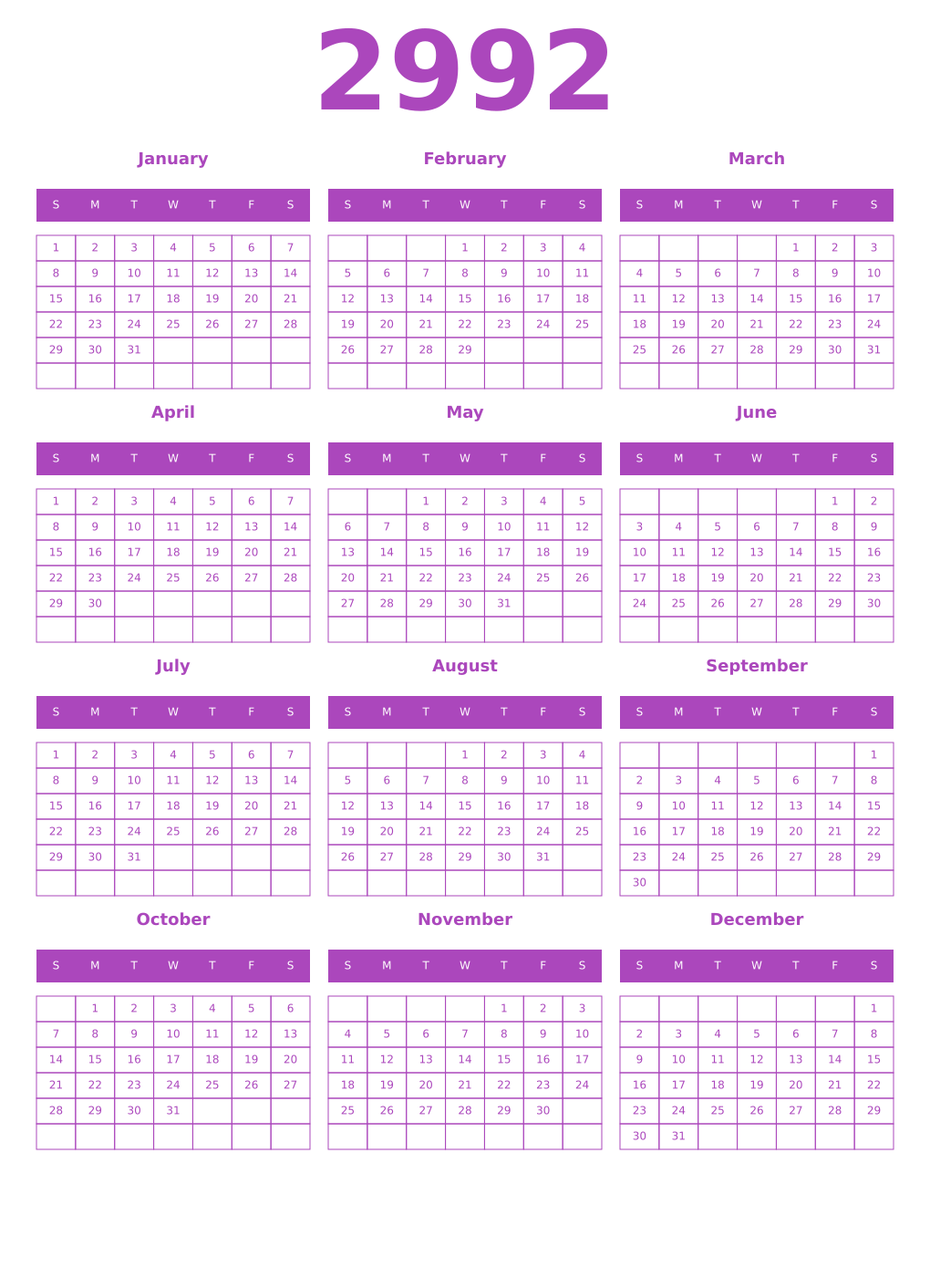 Printable 2992 Calendars