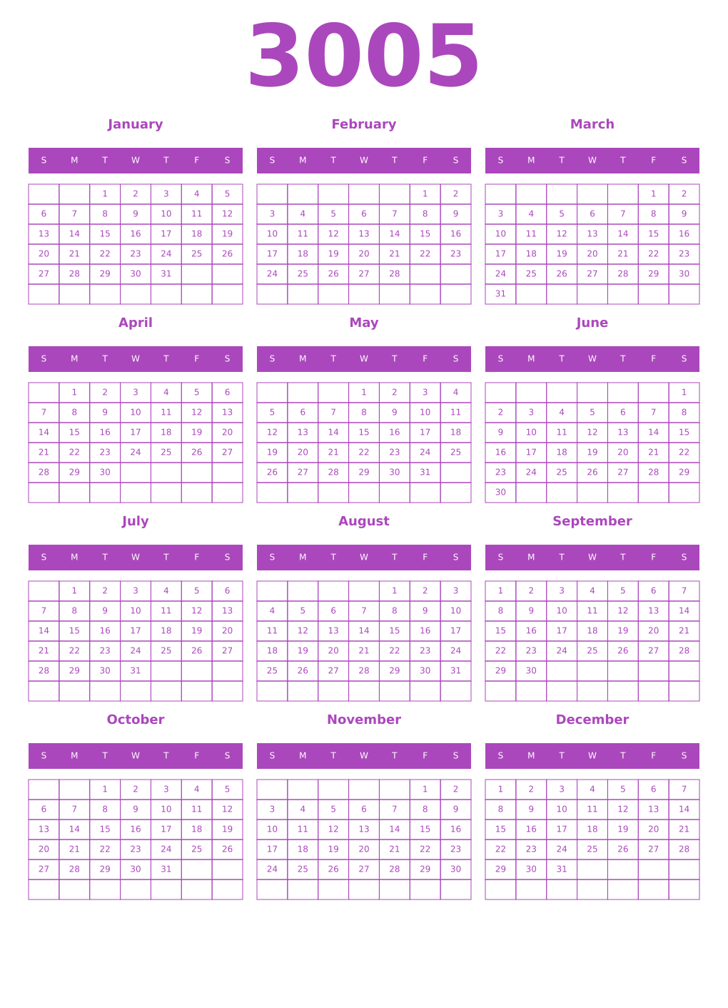 Printable 3005 Calendars