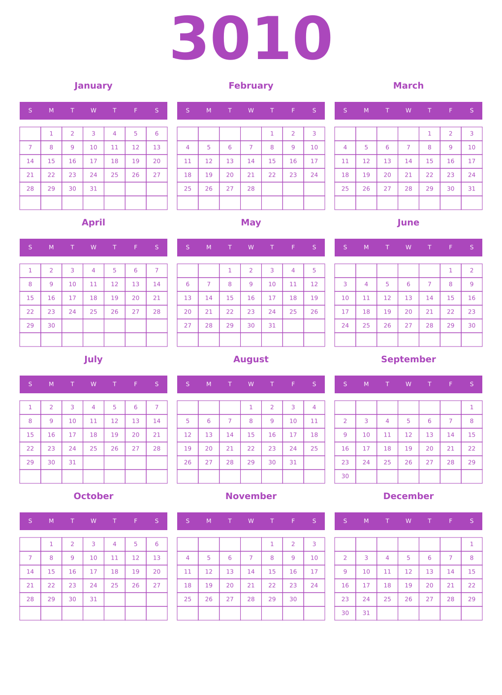 Printable 3010 Calendars