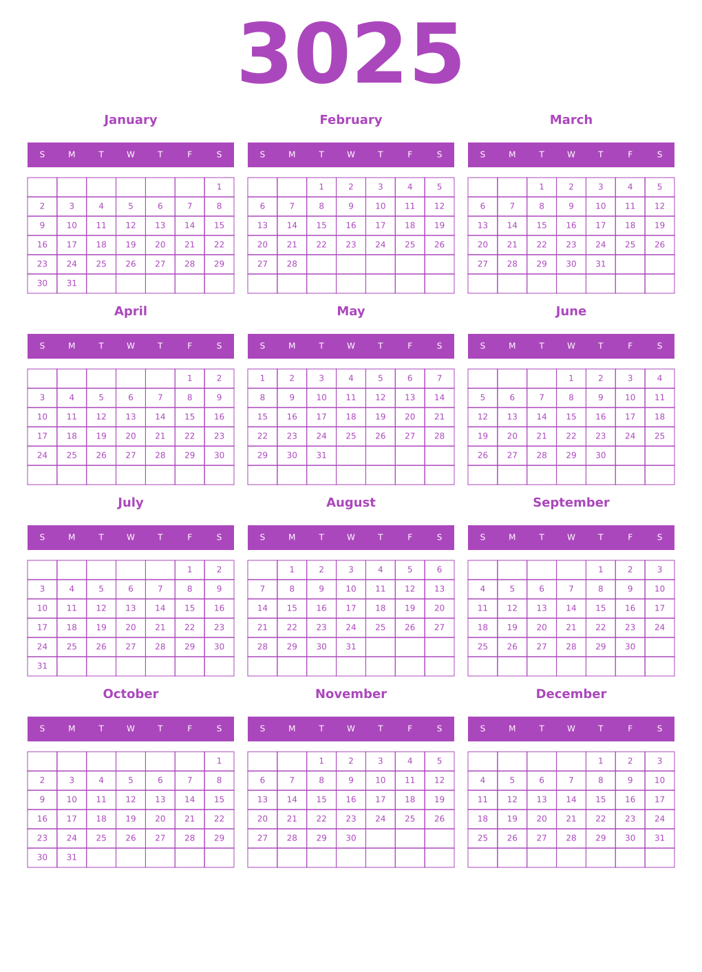 Printable 3025 Calendars