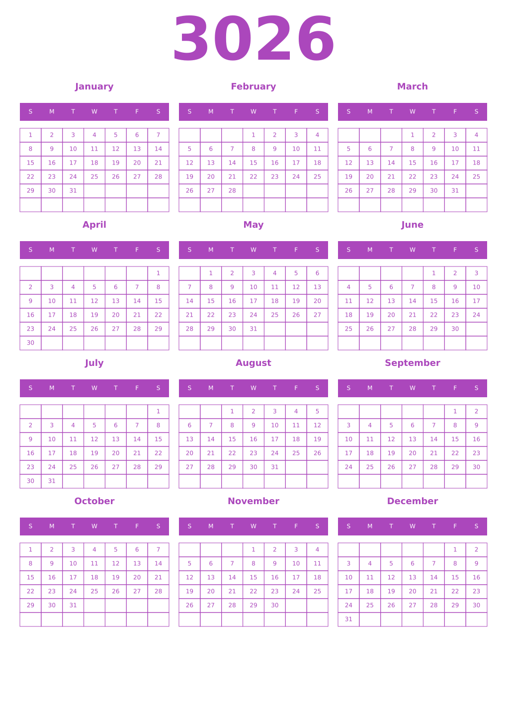 Printable 3026 Calendars