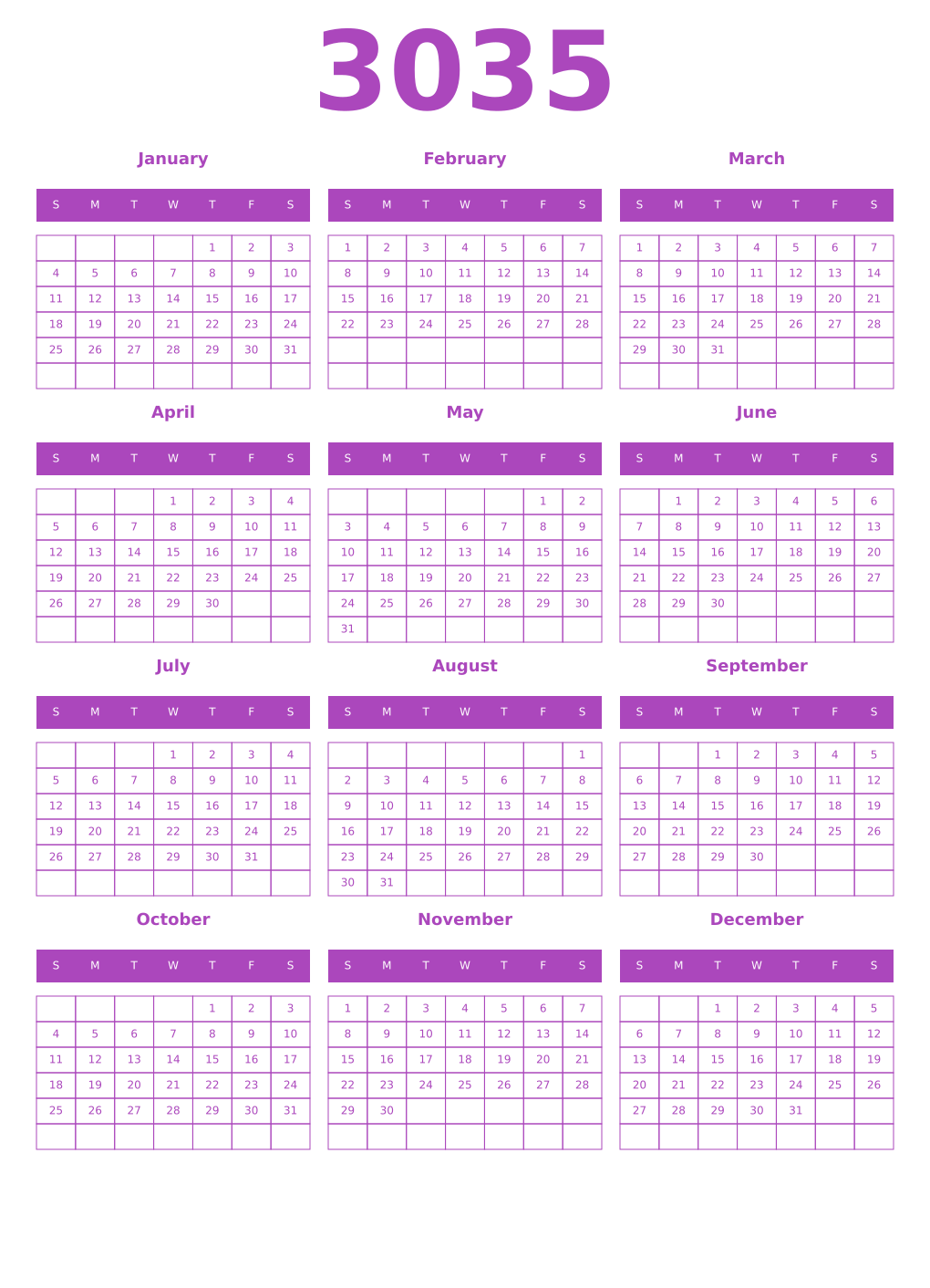 Printable 3035 Calendars