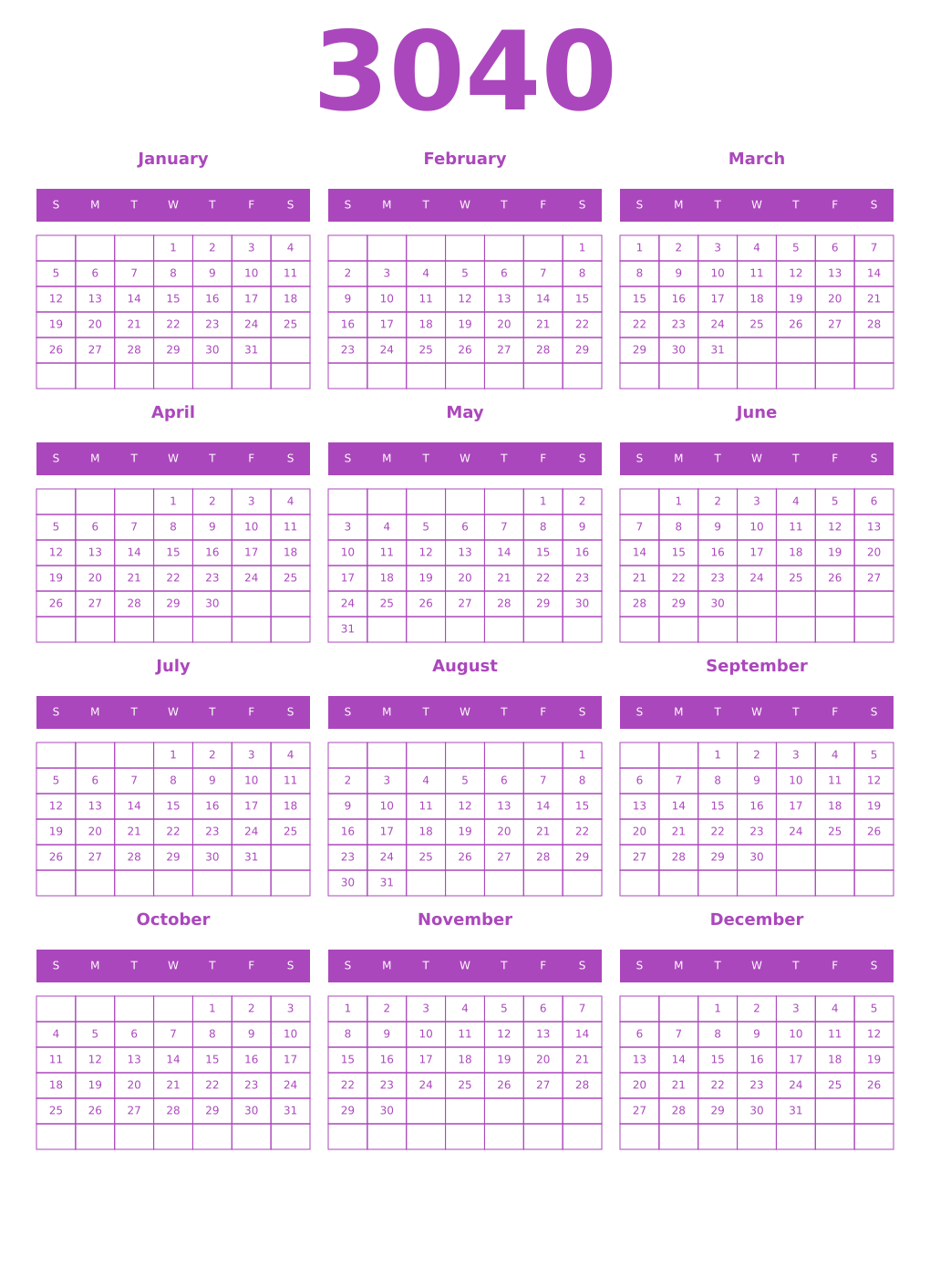 Printable 3040 Calendars